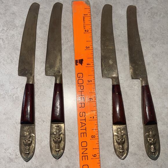 Vintage Buddha Bronze Knife 4 Piece Flatware Set Rare Asian Siam Thai MCM - Picture 1 of 7